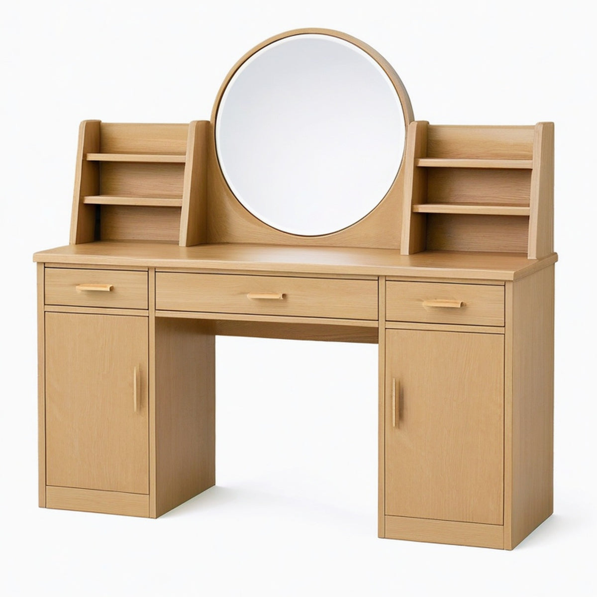 Coiffeuse 120 x 50 x 155 cm en bois chêne clair avec miroir rond et rangements