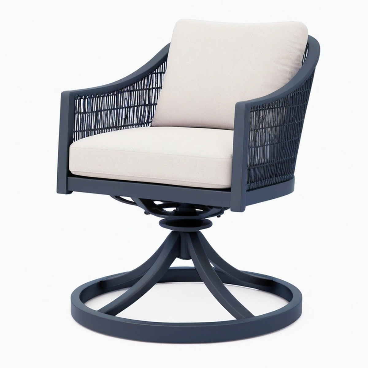 Fauteuil de jardin pivotant 75 x 76 x 88 cm en métal et corde tressée noir beige style contemporain