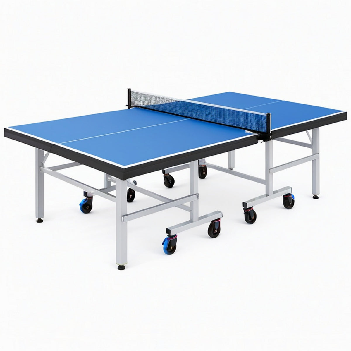 Table de tennis de table 274 x 152.5 x 76 cm bleue en acier sur roulettes