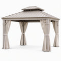 Tonnelle de jardin 300 x 300 x 300 cm en métal beige avec rideaux toit ventilé