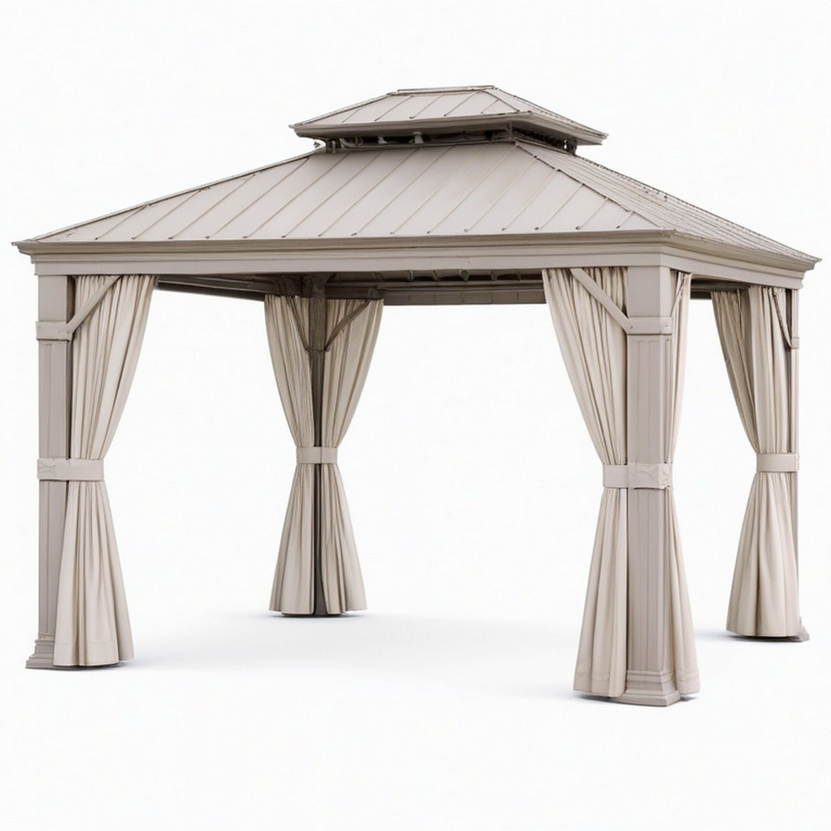 Tonnelle de jardin 300 x 300 x 300 cm en métal beige avec rideaux toit ventilé