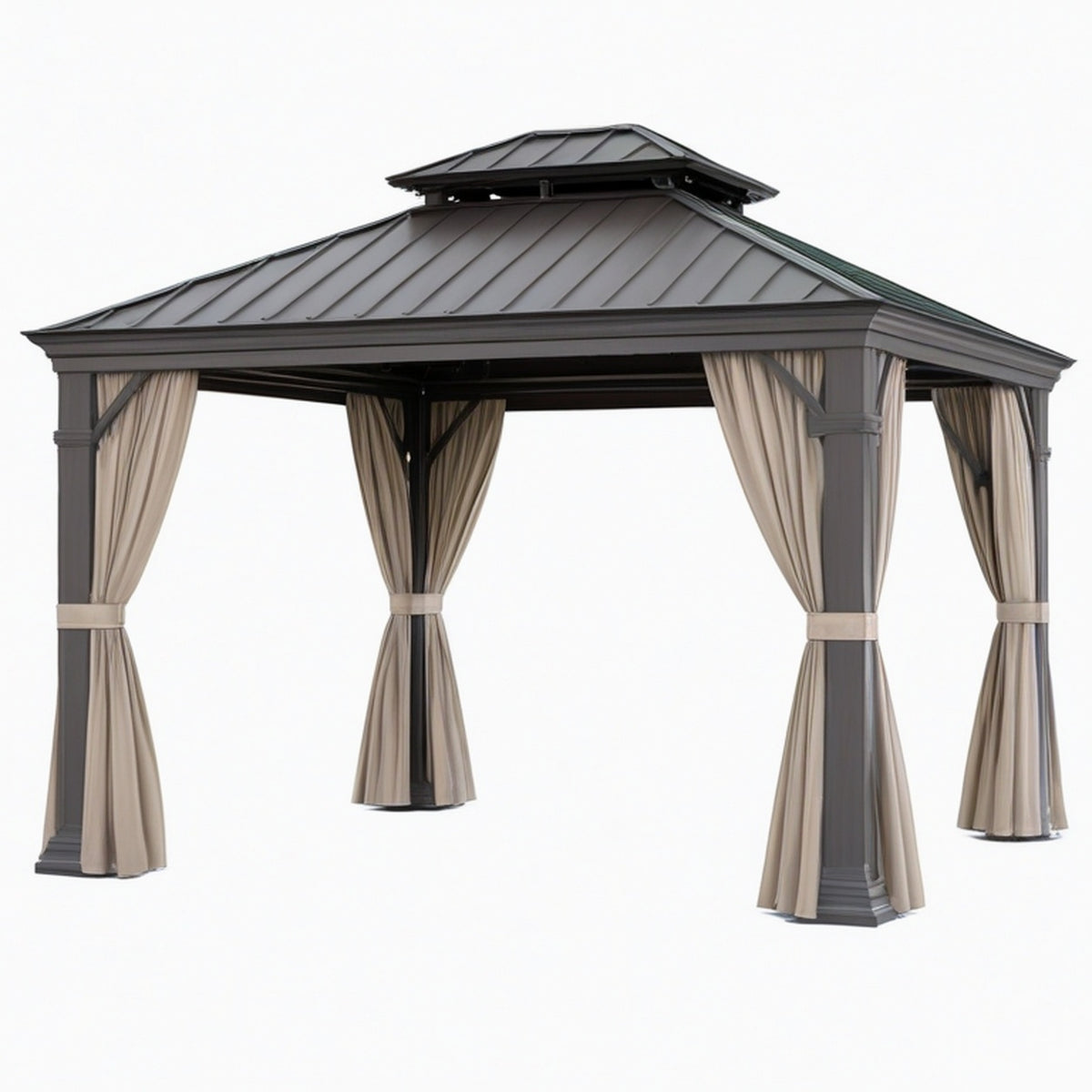 Tonnelle de jardin 300 x 300 cm en métal gris avec rideaux beiges toit ventilé