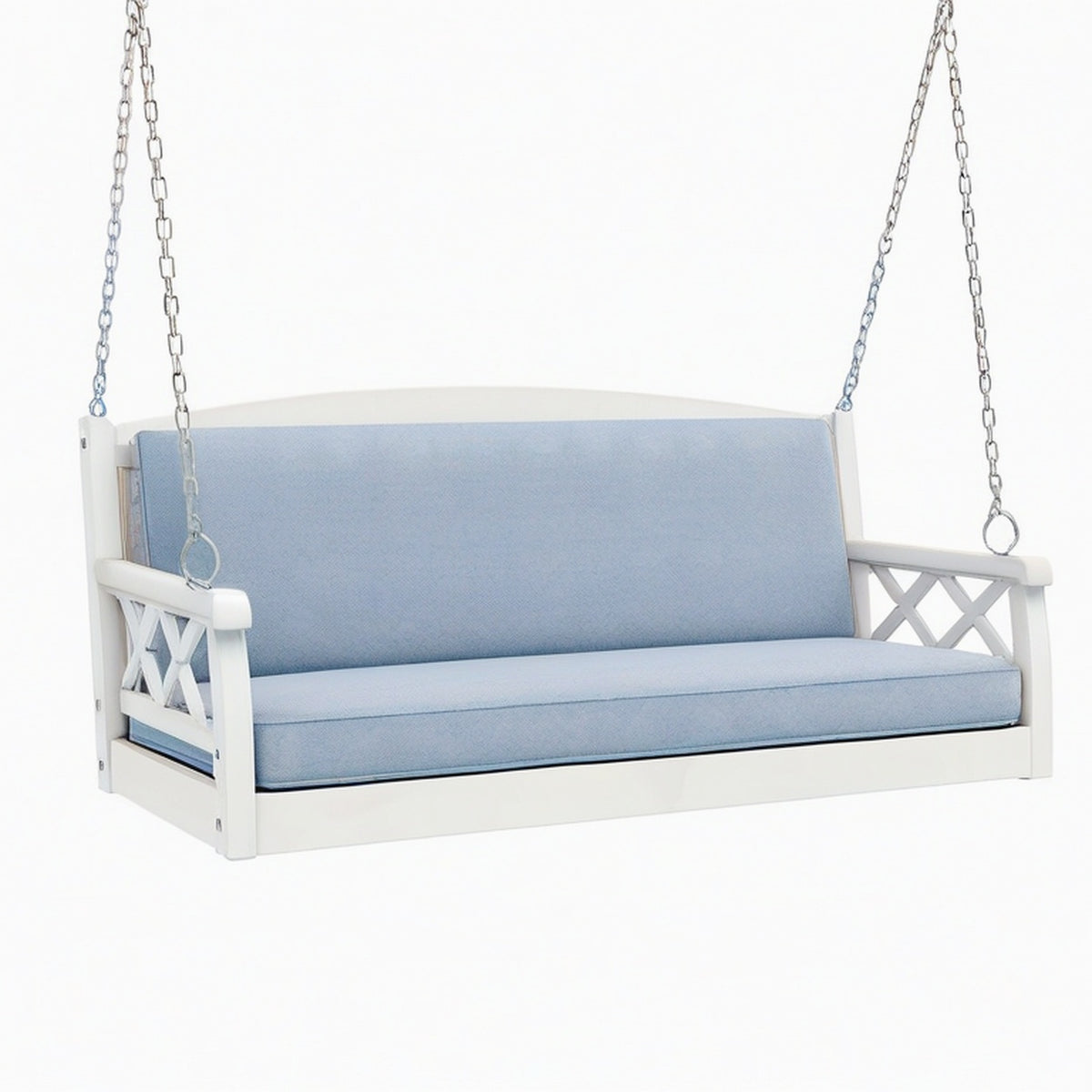 Balançoire de jardin suspendue 150 x 65 x 55 cm en bois blanc avec coussins bleu clair style classique